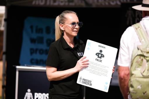 Fundraiser explaining a poster
